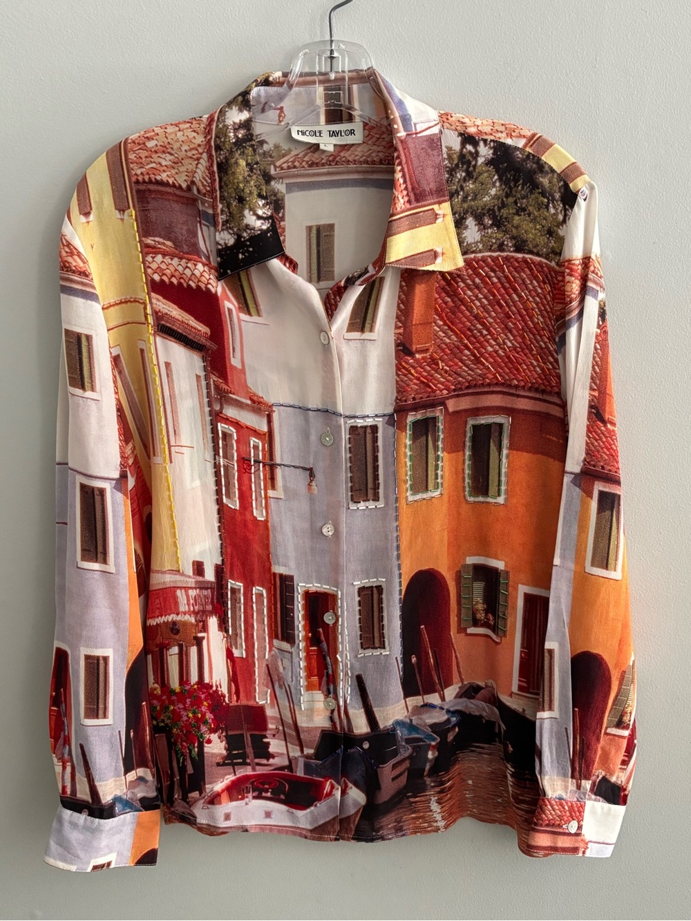 Vintage Nicole Taylor 100% Silk Beaded Scenic Blouse Italy Venice Print Large